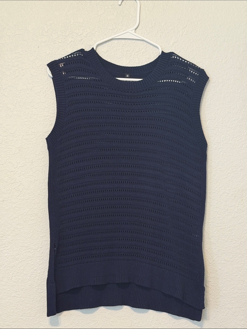 Navy Pointelle Knit Sleeveless Tank Top